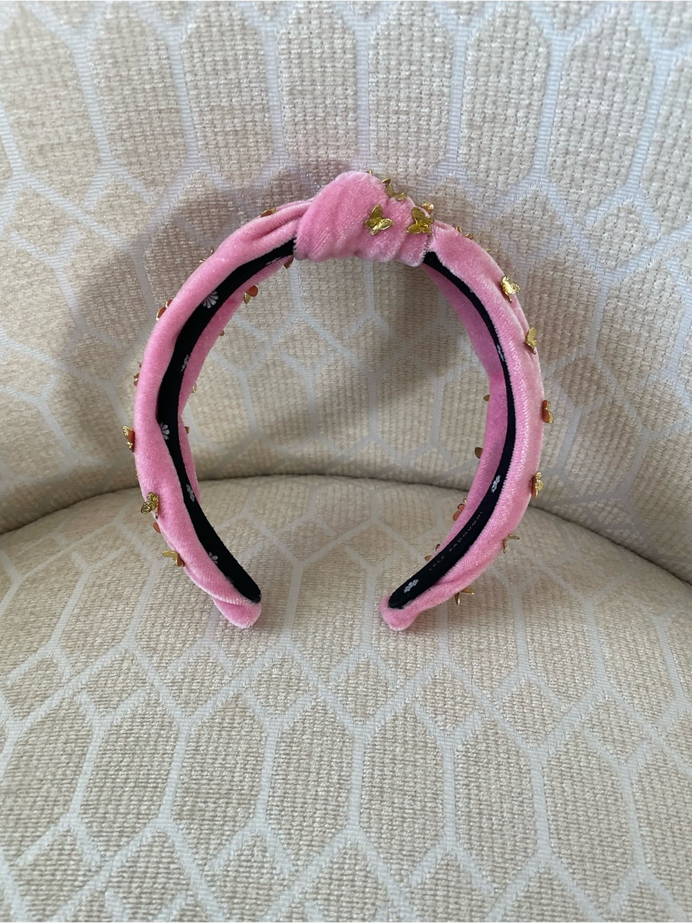 Lele Sadoughi Pink Velvet Kids Headband with Gold Butterfly Accents